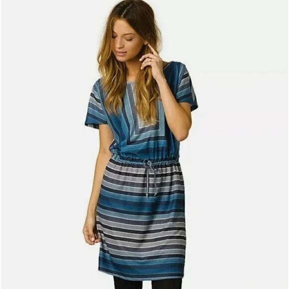 Prana Size Small S Blue Lindy Stripe Crew Neck Short Sleeve Tie Waist Knit Dress - Picture 2 of 7
